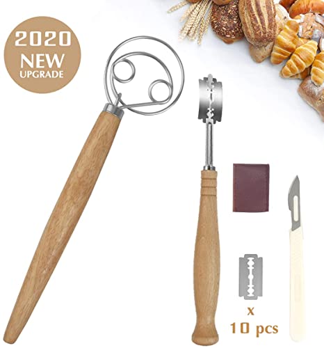 Bread Lame and Danish Dough Whisk Set, Premium Stainless Steel Bread Scoring Knife Tool with 10 Replaceable Razor Blades and Leather Protective Cover for Baker, Kitchen and Artisan Homemade Bread
