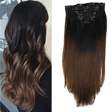 LaaVoo 14inch 7 Pcs 120Gram Ombre Color #1b Natural Black to #4 Dark Brown Human Hair Clip in Extensions for Dark Hair