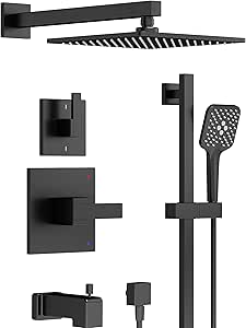 Gabrylly Shower System with Tub Spout, Bathtub Shower Faucet Set with 10-Inch Shower Head, Rain Shower Heads with Handheld Spray Combo Set,Slide Bar Shower Fixtures with Valve, Matte Black