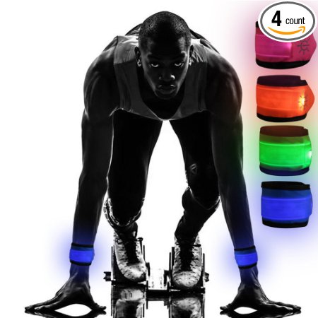 [4 Pack] Emmabin LED Slap Bracelet Lights Glow Band for Running& Activity, Replaceable Battery - 4 Modes (Always Bright/Quick Flashing/Slow Flashing/Off), 25cm Glow Bracelets with 4-Pcs Package