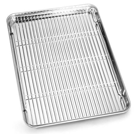 Bastwe Cookie Sheet and Cooling Rack Set, 16 inch Stainless Steel Baking Pan with a Rack, Professional Bakeware, Healthy & Non-toxic & Rustproof & Easy Clean & Dishwasher Safe