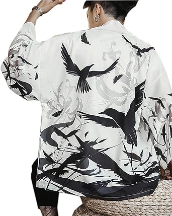 PRIJOUHE Men's Kimono Cardigan Jacket Japanese Style Flying Crane Seven Sleeves Open Front Coat