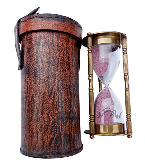 MAH 1 Minute Antique Decorative Brass Sand Timer with Safety Leather Case. C-3071