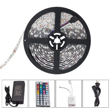 Xcords 5M Waterproof RGB SMD5050 300 LEDs Flexible Color Changing Light Strip Kit with 44 Key Remote and 12V 5A Power Supply and Control Box