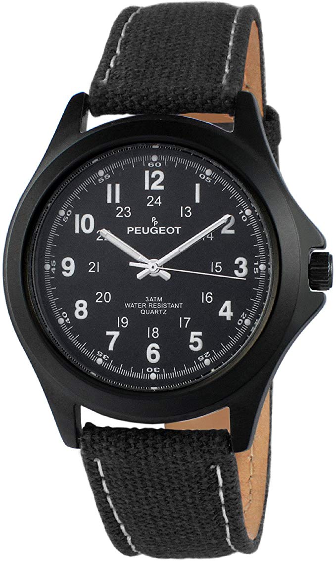 Peugeot Men Black Aviator Watch, 24Hr Time Markers, Water-Resistant with Canvas Strap