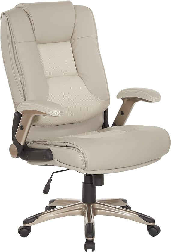 Office Star ECH Series Executive Bonded Leather Office Chair with Built-in Lumbar Support and Padded Flip Arms, Taupe with Cocoa Coated Base