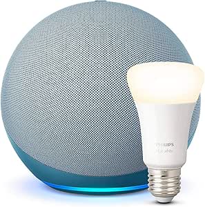 Echo (4ª generazione), Ceruleo   Philips Hue White Lampadina LED Smart (E27), compatibile con Alexa - Kit di base per Casa Intelligente