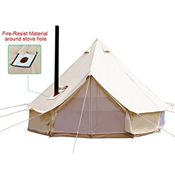 Playdo 4-Season Waterproof Cotton Canvas Large Family Bell Tent Hunting Camp Tent with Roof Stove Jack Hole for Camping Hiking Party, Beige Color, Size 5M/16.4ft