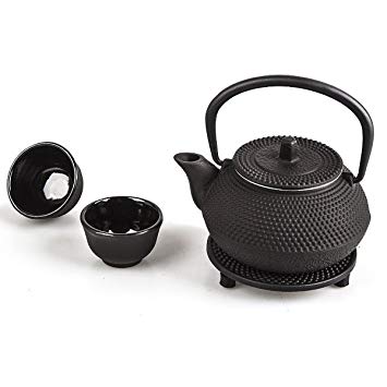 4-piece Japanese Cast Iron Teapot with Infuser for Loose Leaf Tea Tetsubin Tea Kettle Set Black w/Trivet (10 oz)