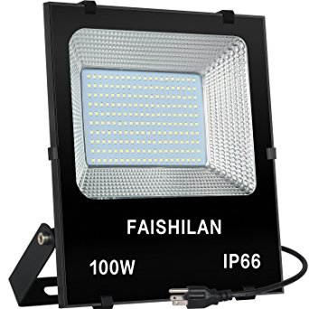 FAISHILAN 100W LED Flood Light Outdoor IP66 Waterproof with US-3 Plug 10000Lm for Garage,Garden,Yard
