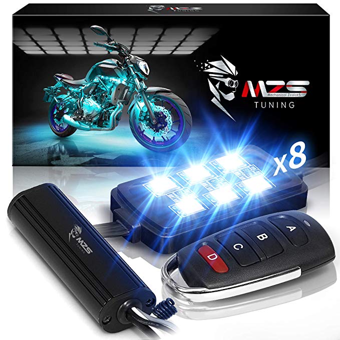 MZS Motorcycle LED Light Kit,Multi-Color Neon RGB Strips Wireless Remote Controller for ATV UTV Cruiser Harley Davidson Ducati Suzuki Honda Triumph BMW Kawasaki Yamaha (Pack of 8)