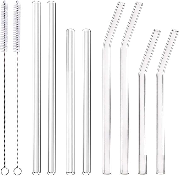 ALINK 8-Pack Clear Glass Smoothie Straws, 10mm Wide 10"   9" Long Reusable Drinking Straws for Milkshakes, Juice, Water, Milk with 2 Cleaning Brush