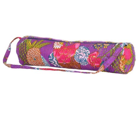 Yoga Mat Bag for Women - Stylish Hand Embroidered Bags Made in India Featuring Quality Full Zipper and Strap by Abundant Life Yoga - Top Loading Design and Colorful Printed Cotton Fabric-Fits Most Large Size Yoga Mats-Quality Guaranteed Available in Blue Pink Tan white Purple Sky Snow and More