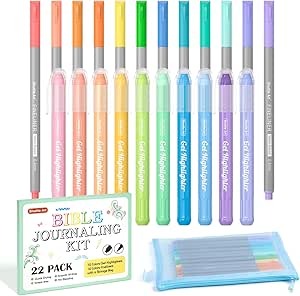 Shuttle Art Bible Highlighters and Pens No Bleed, 22 Pack Bible Journaling Kit, 10 Colors Gel Highlighters and 12 Colors Fineliner Pens with a storage bag, Bible Markers No Bleed Through