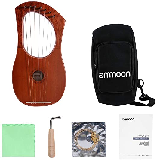 ammoon Lyre Harp Small 7-String Lyre Piano Steel Wire Strings Mahogany Plywood Body Mahogany Veneer Topboard String Instrument with Carry Bag