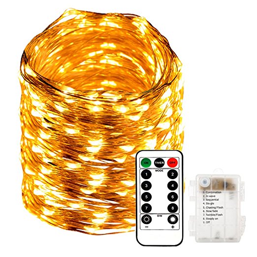 Areskey LED Fairy String Lights - 33ft 100 LED Battery Operated Waterproof 8 Modes Remote Control Copper Wire Firefly Lights for Christmas Halloween Holiday Wedding Party (Warm White)