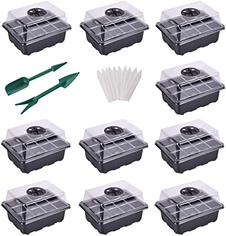 YSBER 10-Pack Seed Starter Tray Kit 120 Cells Humidity Adjustable Plant Starting Kit with Dome and Base Greenhouse Grow Trays Mini Propagator for Seeds Growing (10 Pack, 120 Cells)