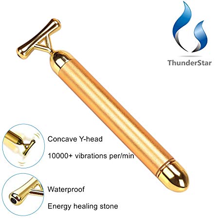 ThunderStar Upgraded 3rd Generation Y Shape 24k Gold Lift Bar with Energy Stone Vibration Beauty Bar Anti-aging Pulse Facial Massager Face Roller - Waterproof, Portable, Anti-acarid