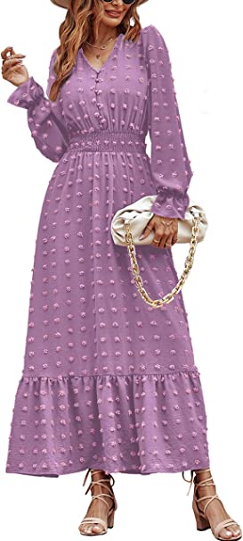 MASCOMODA Women Boho Maxi Dress Long Sleeve V Neck Swiss Dot Smocked High Waisted Button A-Line Ruffle Tiered Fall Long Dress