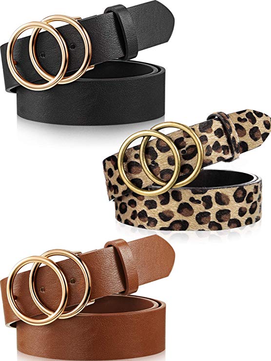 3 Pieces Women Leather Belt for Jeans Dress Waist Belts with Double Ring Buckle