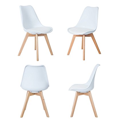 Set of 4 Tulip Dining/Office Chair with Solid Wood Beech Legs, Eggree(TM) Armless Padded Design Chairs for Extra Comfort - White