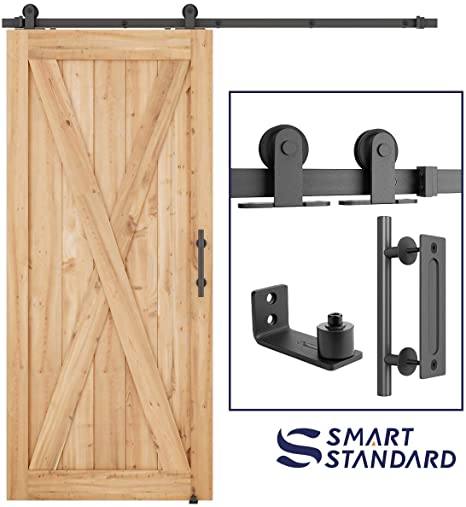 SMARTSTANDARD 6.6 FT Top Mount Sliding Barn Door Hardware Kit Whole Set, Include 1 Pull Handle & 1 Floor Guide, Fit 30" Wide DoorPanel(T Shape Hanger)