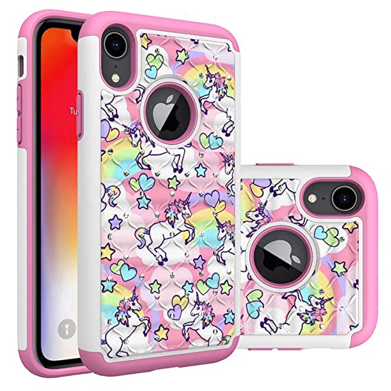iPhone XR Diamond Case, iPhone Xr Cover, Rainbow Unicorn Pattern Heavy Duty Shockproof Studded Rhinestone Crystal Bling Hybrid Defender Case Silicone Protective Armor for Apple iPhone XR (2018)