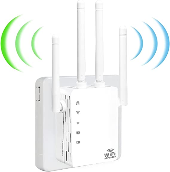 WiFi Extender,WiFi Booster 1200Mbps WiFi 2.4&5GHz Dual Band(8500sq.ft) WiFi Signal Strong Penetrability 35 Devices 4 Modes 1-Tap Setup，4 Antennas 360° Full Coverage, Supports Ethernet Port