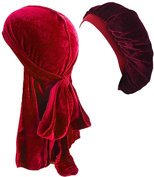 HADM Durag and Bonnet Set with Silky & Durag Long Tail for Women Men 360 Wave Cap, Frizzy Curly Hair, Head Cover
