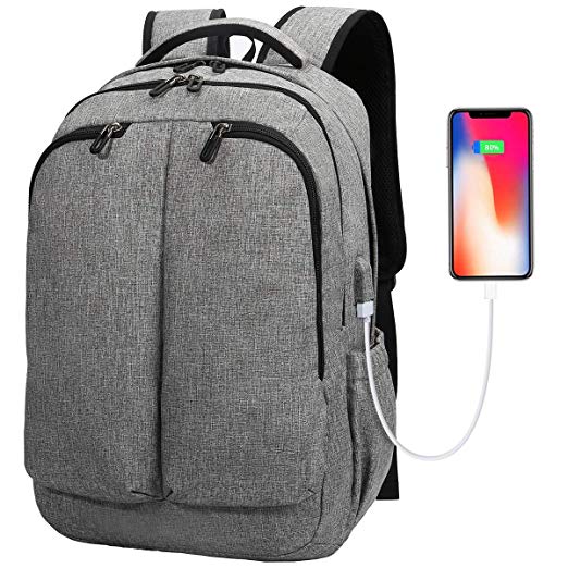 17 Inch Laptop Backpack Large Travel Bag with USB Charging Port and Earphone Hole for Travel/Business/College/Women/Men (Grey)