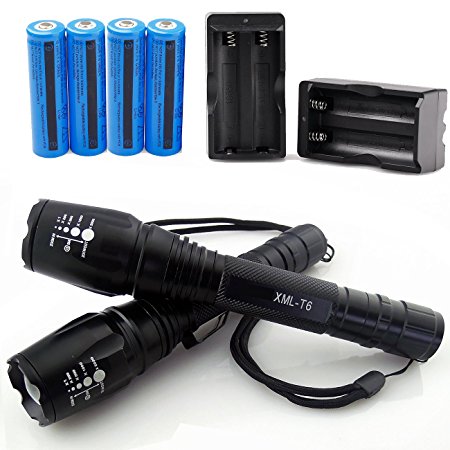 HeCloud 2 Pack Tactical Rechargeable T6 LED Flashlight Torch with 18650 Battery and Charger