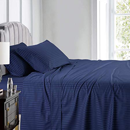 Royal Hotel Stripe Sheets - Top Split-Cal King: Adjustable California King Bed Sheets - 4PC Bed Sheet Set - 100% Cotton - 600 Thread Count - Deep Pocket, Top Split California King, Navy