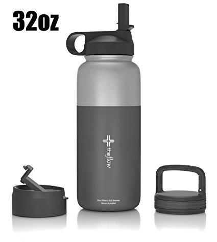 the flow Stainless Steel Water Bottle Double Walled/Vacuum Insulated - BPA/Toxin Free – Wide Mouth with Straw Lid, Carabiner Lid and Flip Lid, 32 oz.(1 Liter)