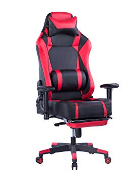 VON Racer Big and Tall Gaming Chair with Footrest- Adjustable Tilt, Back Angle and 2D Arms Ergonomic High Back Racing Leather Executive Computer Chair, Detachable Headrest Lumbar Support, Red