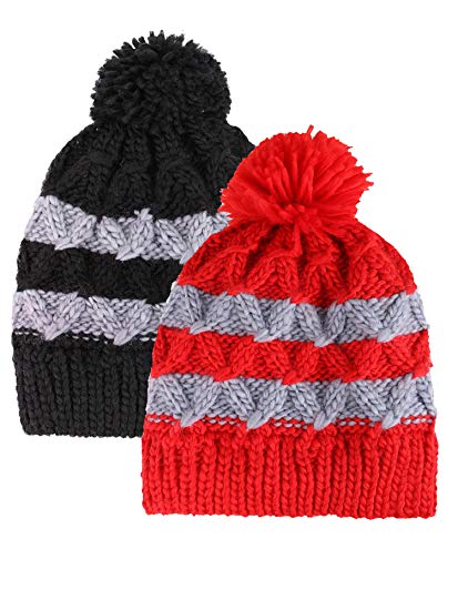 ARCTIC Paw Kids and Toddlers' Chunky Cable Knit Beanie with Yarn Pompom - Set of 2