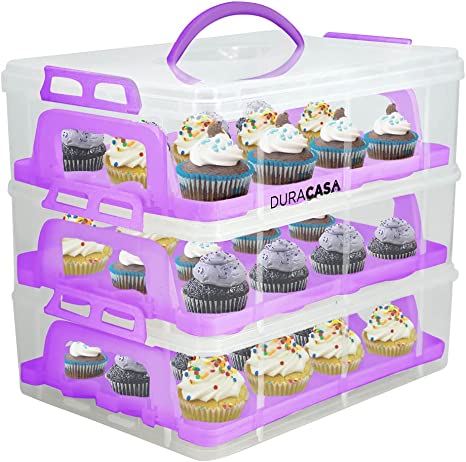 DuraCasa Cupcake Carrier, Cupcake Holder - Premium Upgraded Model - Store up to 36 Cupcakes or 3 Large Cakes - Stacking Cupcake Storage Container - Cookie, Muffin or Cake Carrier (Purple, Three Tier)