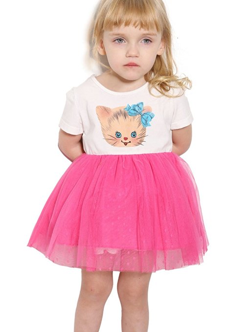 Bonny Billy Baby Girl Clothes Short Sleeve Cotton Cat Printed Tulle Mesh Dress