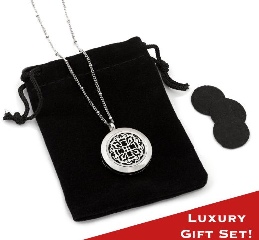 Essential Oil Diffuser Necklace - Gorgeous Aromatherapy Jewelry - Hypoallergenic 316L Surgical Grade Stainless Steel - 25mm Diameter 208 Inch Max Length Elegant Chain - BONUS 8 Washable Insert Pads