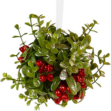 Ornativity Mistletoe Glitter Hanging Ornament - Christmas Mistletoe Ball with Red Berries Holiday Decoration