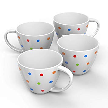 Francois et Mimi Jumbo Wide Mouth Ceramic Cereal Coffee Mug with Polka Dots, White, 18 Ounce (Set of 4)