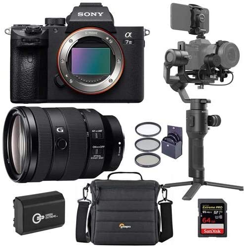 Sony Alpha a7 III 24MP UHD 4K Mirrorless Camera with FE 24-105mm f/4 G OSS Lens - Bundle with DJI Ronin-SC Gimbal Stabilizer Pro Combo, 64GB SDXC Memory Card, Camera Case, Spare Battery, Filter Kit