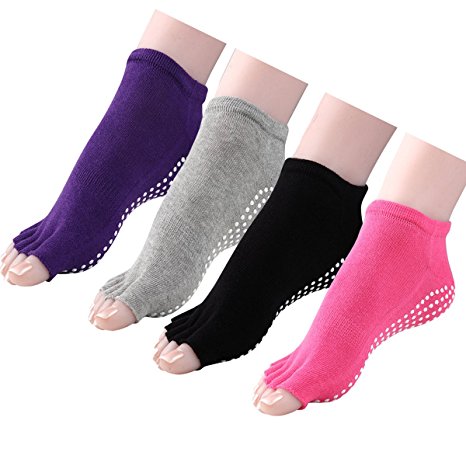Meaiguo Yoga Socks Non Slip Skid with Toe Grips for Pilates Barre Women 4 Pack