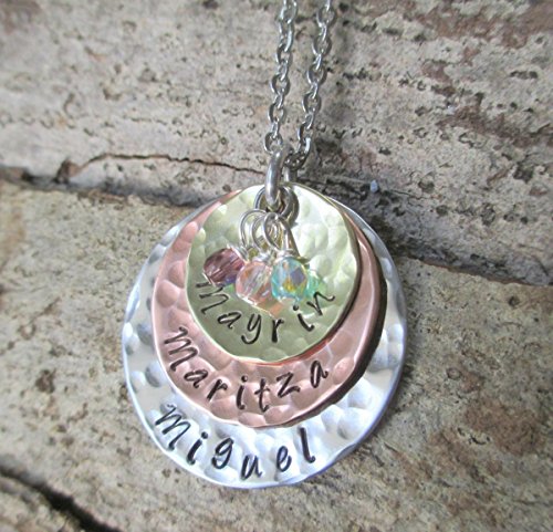3 Layered Personalized and Hand Stamped Birthstone Necklace Stainless Steel, Copper and Brass
