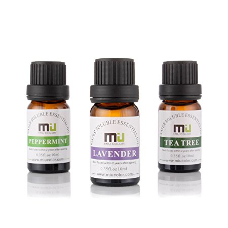 MIU COLOR 100% Pure Water Soluble Essential Oils, Lavender, Tea Tree, and Peppermint oils, Great Aromatherapy Diffuser, 10ml (Lavender, Tea Tree and Peppermint).