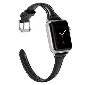 Wearlizer for Apple Watch Strap 42mm 44mm, Slim Leather iWatch Strap iWatch Series 4 Straps Series 3 Replacement Band Women and Men - 42mm 44mm Black