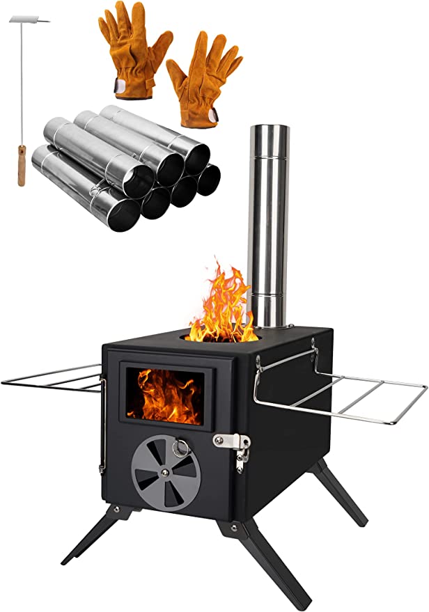 LAMA Camp Tent Stove, Portable Wood Burning Stove, with 6 Chimney Pipe for Cooking, Heating, Camping, Tent, Hiking, Fishing, Backpacking, BBQ, Black