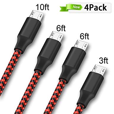 Jebe Micro USB Cable,4Pack 3FT/6FT/6FT/10FT Long Premium Nylon Braided Android Charger USB to Micro USB Charging Cable Samsung Charger Cord for Samsung Galaxy S7 Edge/S7/S6/S4/S3,Note 5/4/3(BlackRed)