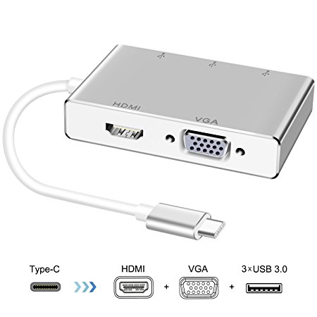 Type C to HDMI VGA Adapter, ink-topoint 5-in-1 USB C HUB, USB 3.1 Type C (USB-C) to VGA HDMI UHD Converter Adaptor with 3 USB3.0 ports for MacBook/Chromebook Pixel, Plug and Play