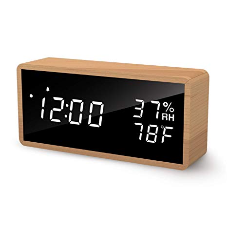 meross Alarm Clock for Bedrooms, Wood Digital Clock Louder Version, LED Display Desk Clock, Time Temperature Humidity, 3 Sets of Alarms, Adjustable Brightness, Sound Control Function