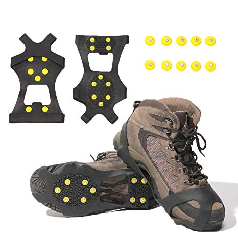 Gpeng Ice Grips, Traction Cleats Ice Cleat Snow Grippers Non-Slip Over Shoe/Boot Rubber Spikes Crampons Anti Slip Durbale 10 Steel Studs Crampons Slip-on Stretch Footwear